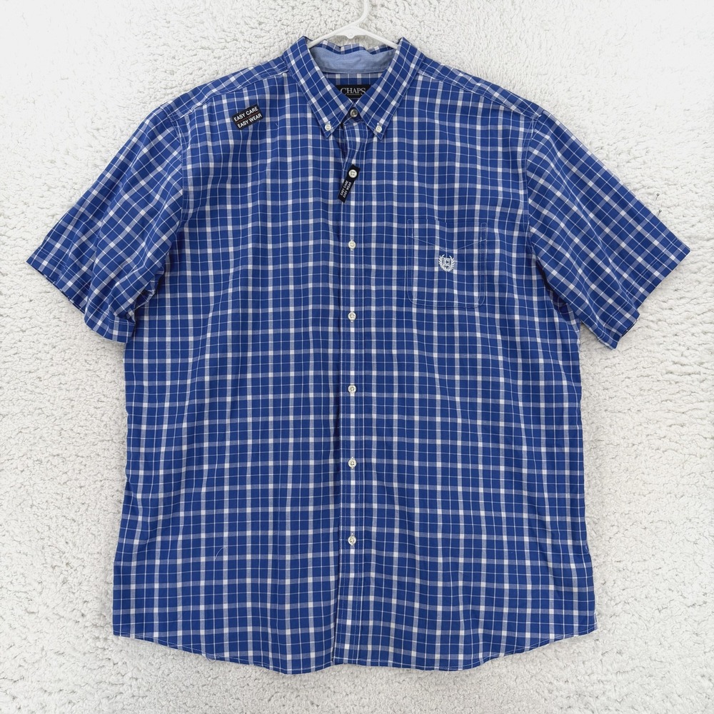 Chaps Shirt Mens 3XL Blue Check Short Sleeve Button Down Casual Easy Care